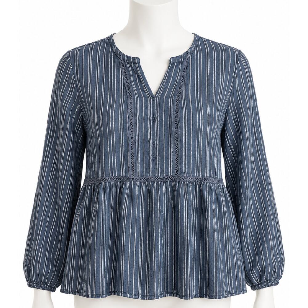 Fever Boho Peplum Top Size L Blue White Striped Cottagecore Hippie Prairie